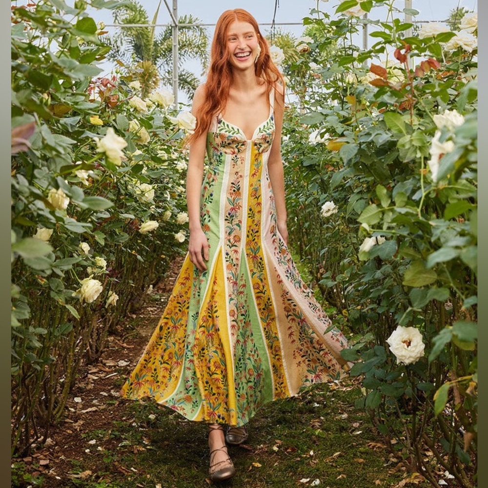 Farm Rio Delicate Floral Stripes Linen Blend Maxi Dress